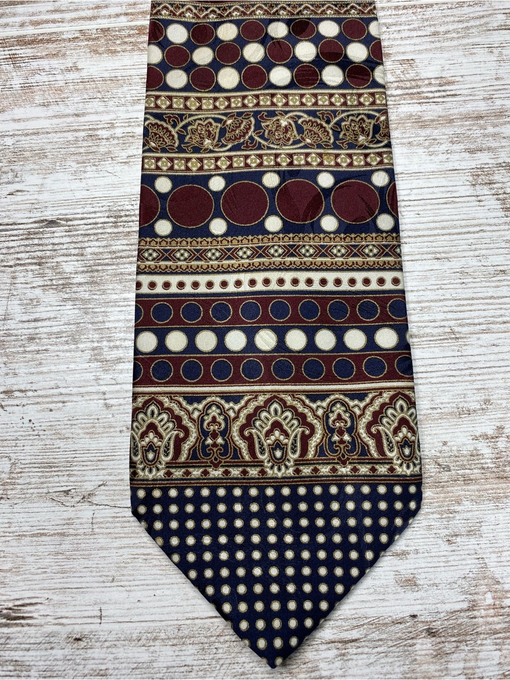 100% Silk Handmade in Italy Men's Tie Burgundy Navy Gold Paisley Geometric 57"